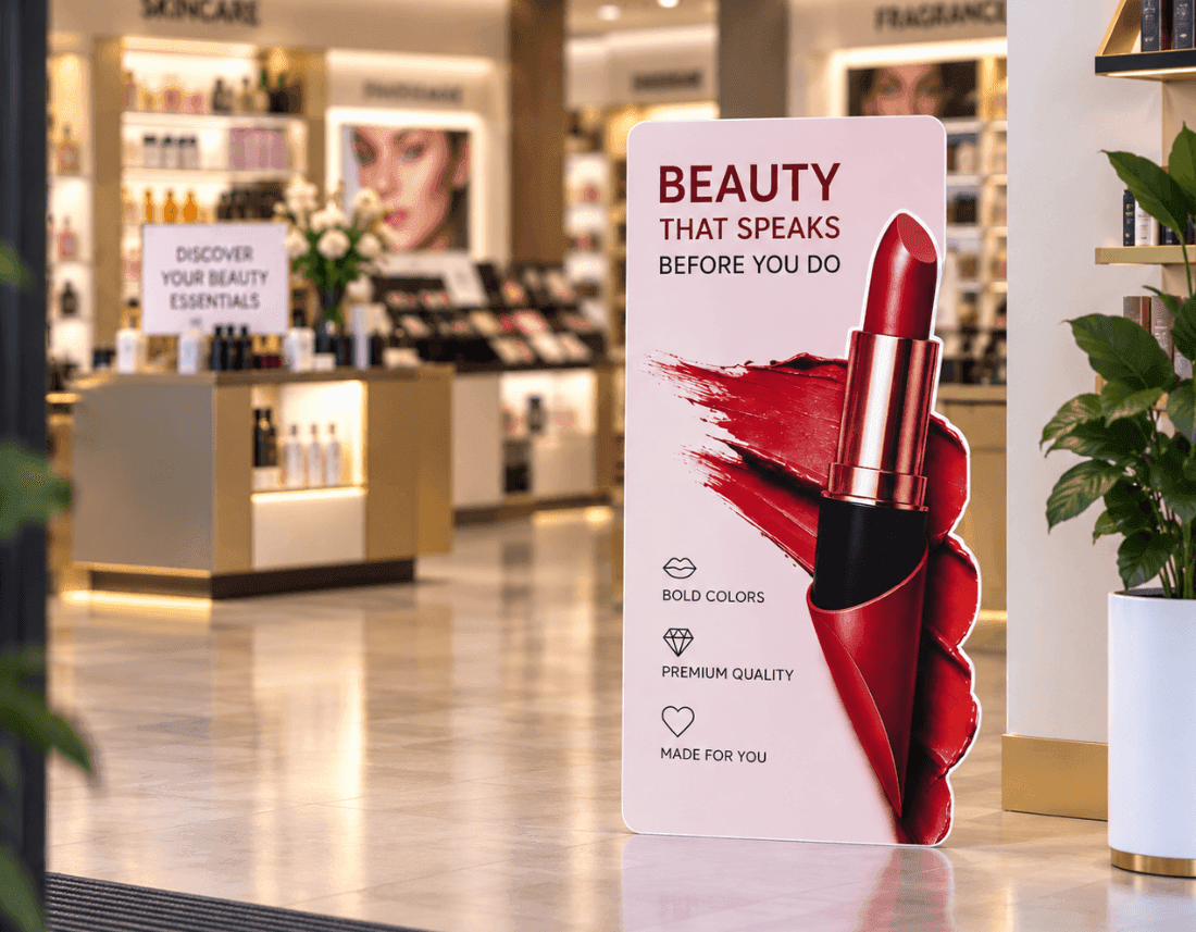 Store display featuring red lipstick and the slogan 'Beauty That Speaks Before You Do'.